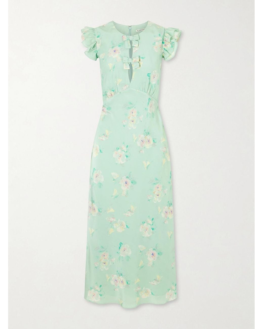 Alessandra Rich Green Floral-Print Ruffle-Trim Silk Midi Dress