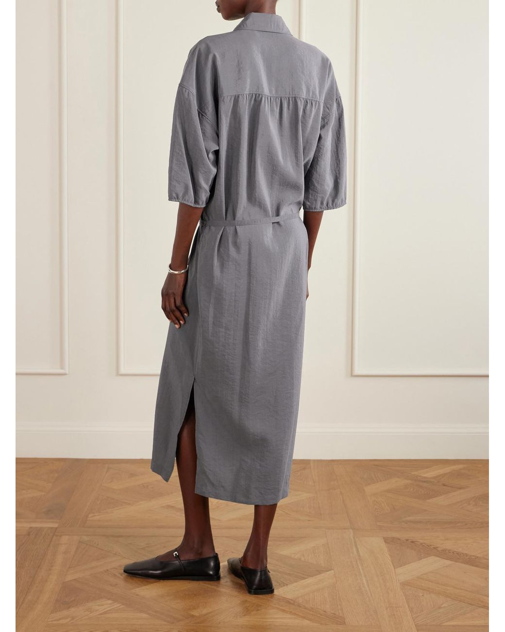 grey silk shirt dress Lemaire Belted Silk-Blend Satin in Gray banana republic silk shirt dress