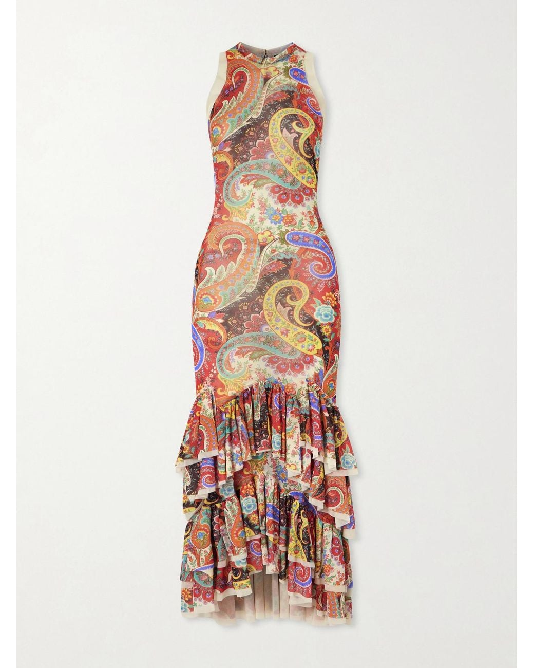 Etro White Ruffled Paisley-Print Chiffon Midi Dress