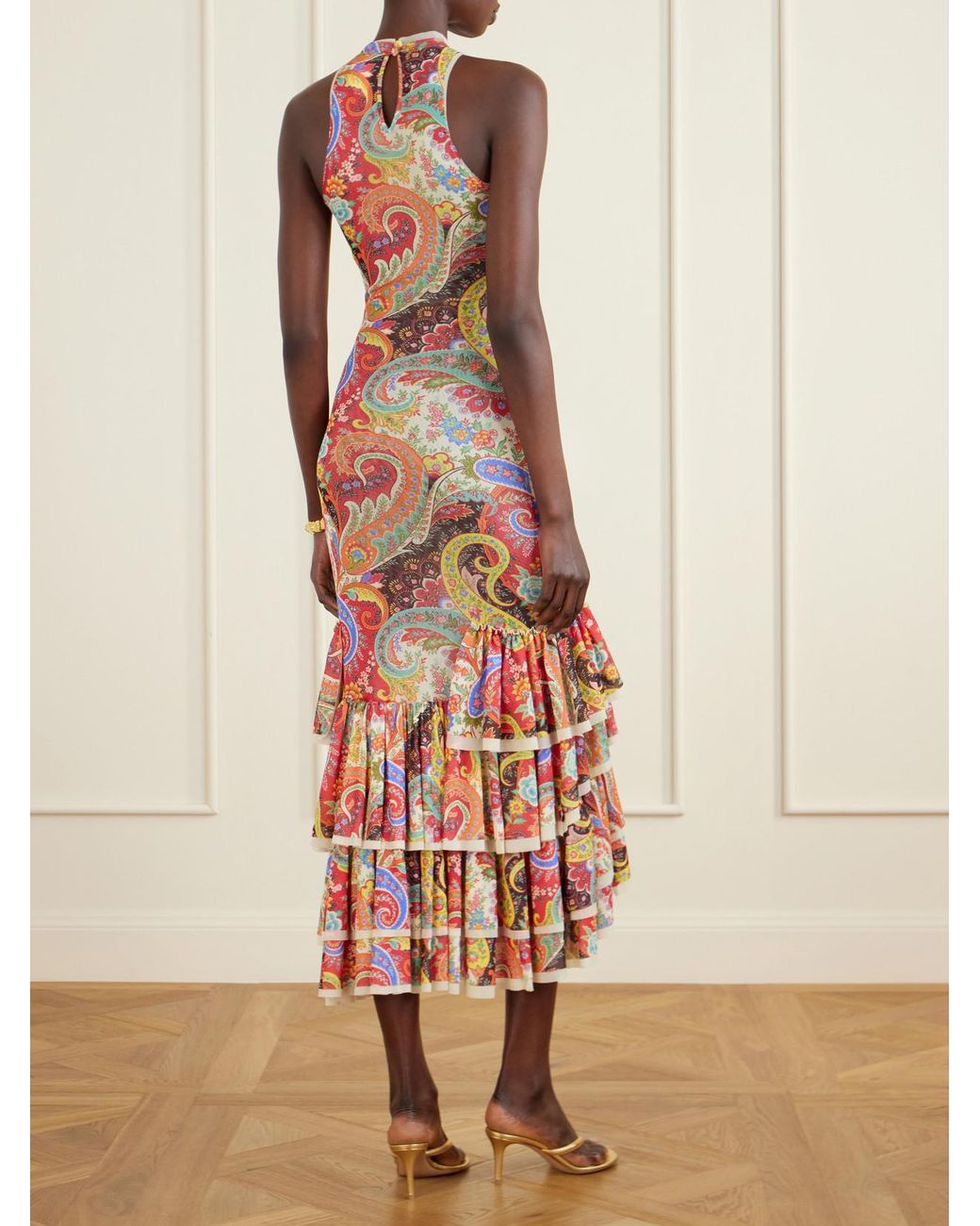 Etro White Ruffled Paisley-Print Chiffon Midi Dress