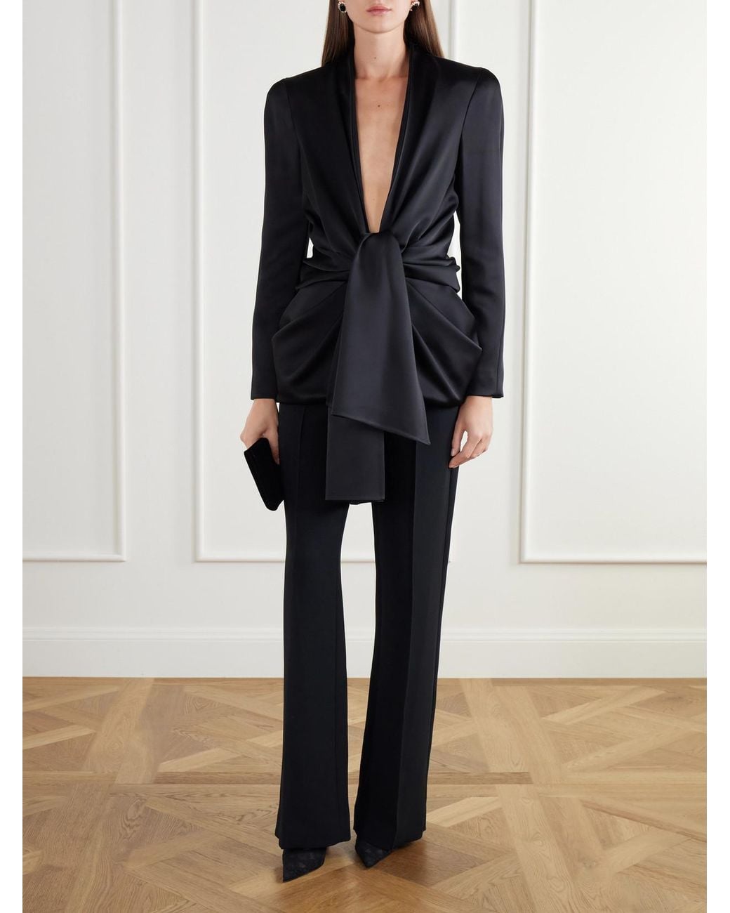 Balmain Black Tie-Detailed Draped Satin-Crepe Jacket