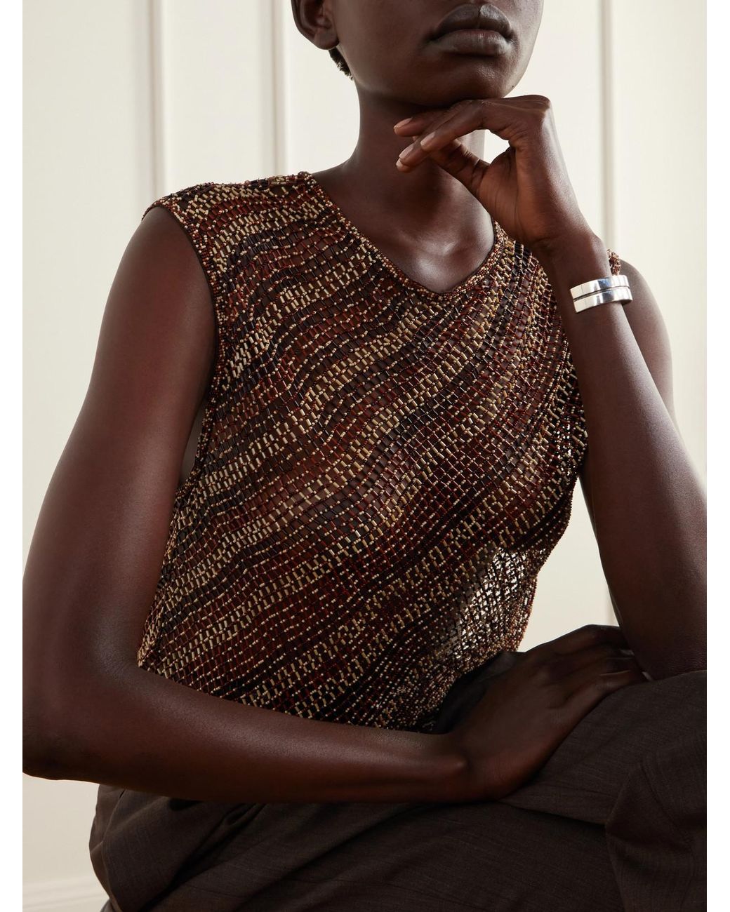 Twp Brown Beaded Open-Knit Tank