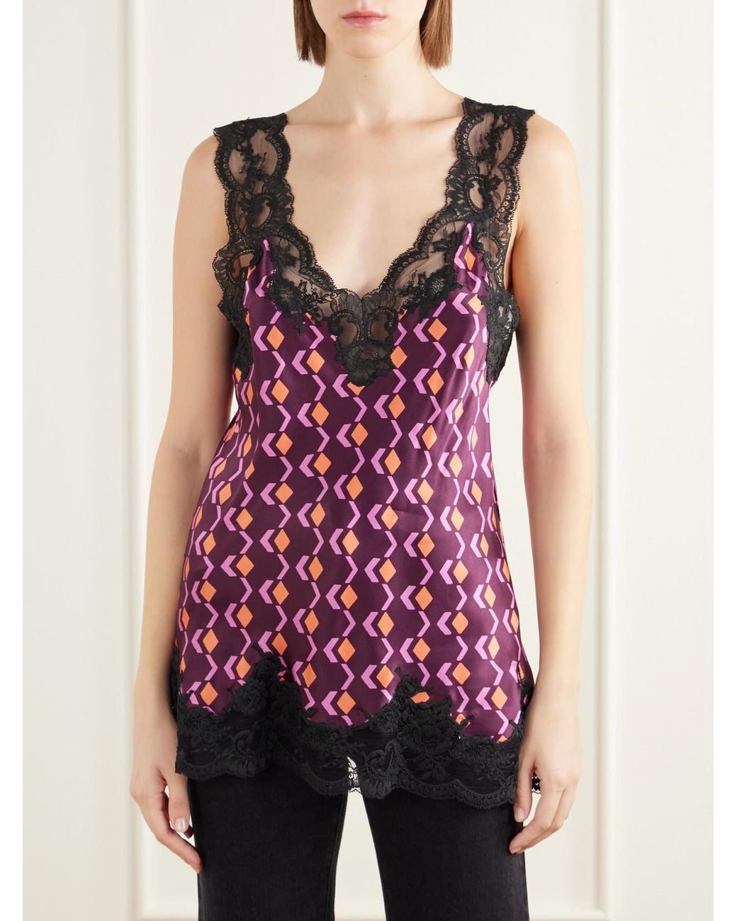 Rabanne Red Printed Lace-Trimmed Silk-Satin Cami