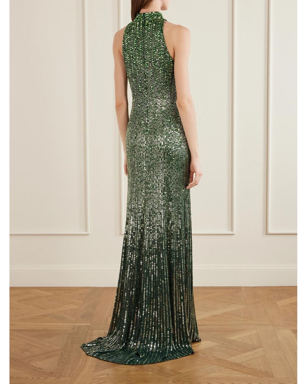Jenny Packham Green Benue Sequined Mesh Halterneck Gown
