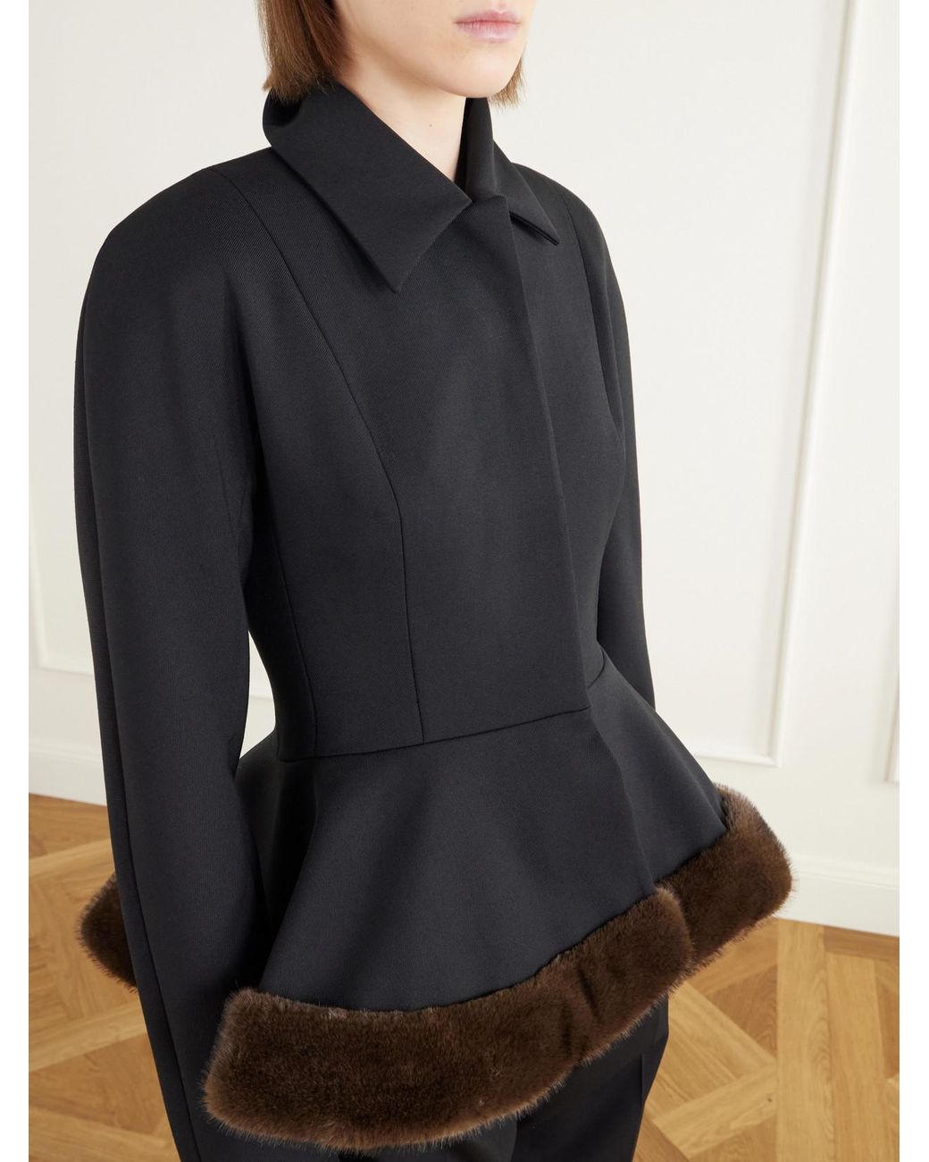 Stella McCartney Black Plush-Trimmed Twill Peplum Jacket