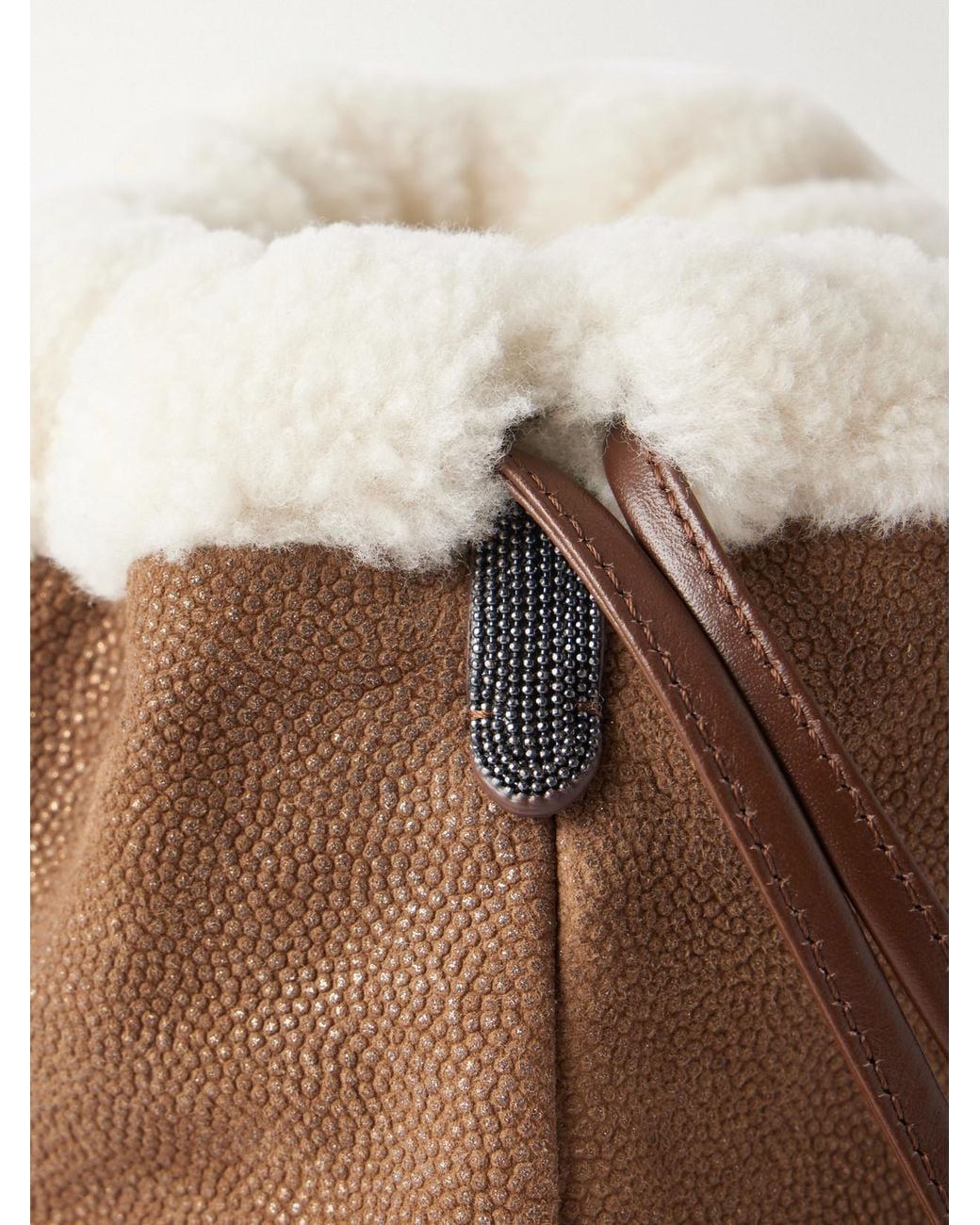 Brunello Cucinelli Brown Bead-Embellished Shearling-Trimmed Full-Grain Leather Clutch