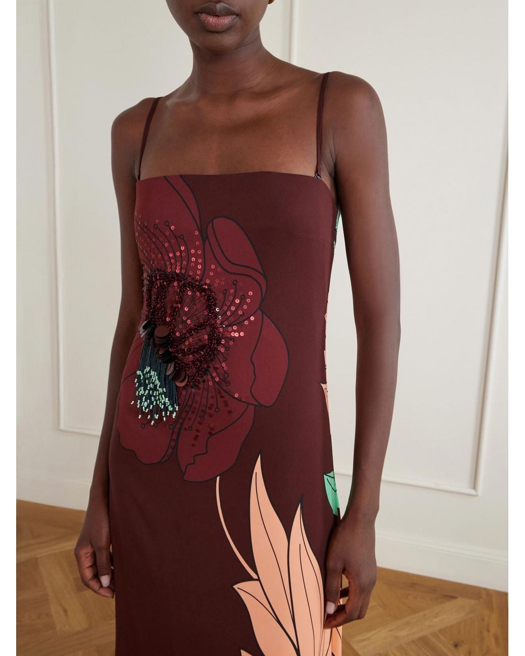 Johanna Ortiz Purple Petals Embellished Printed Crepe Maxi Dress
