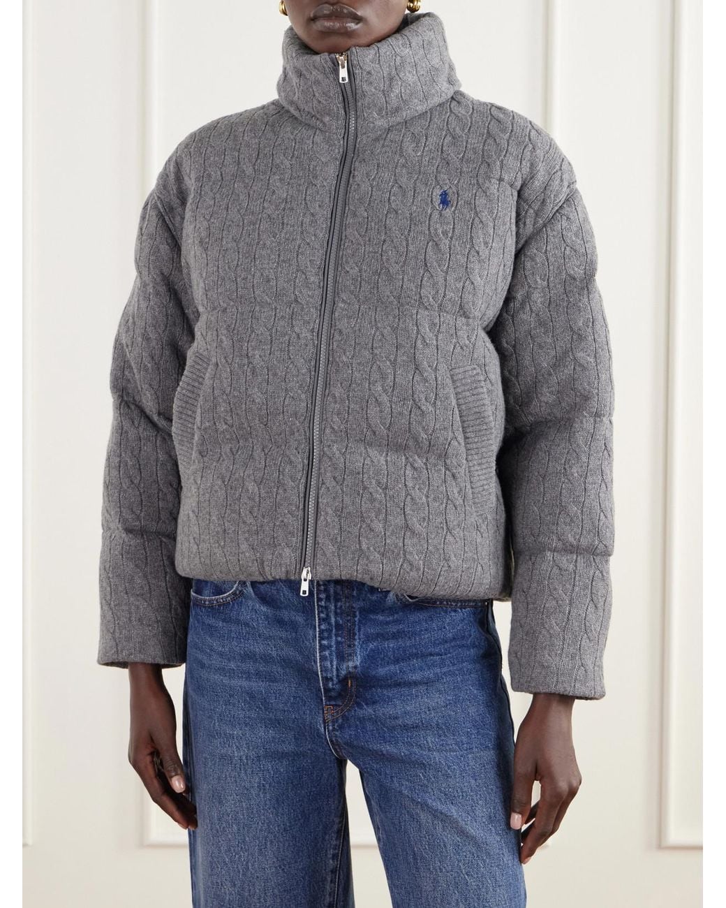 Polo Ralph Lauren Gray Padded Quilted Cable-Knit Wool And Cashmere-Blend Jacket