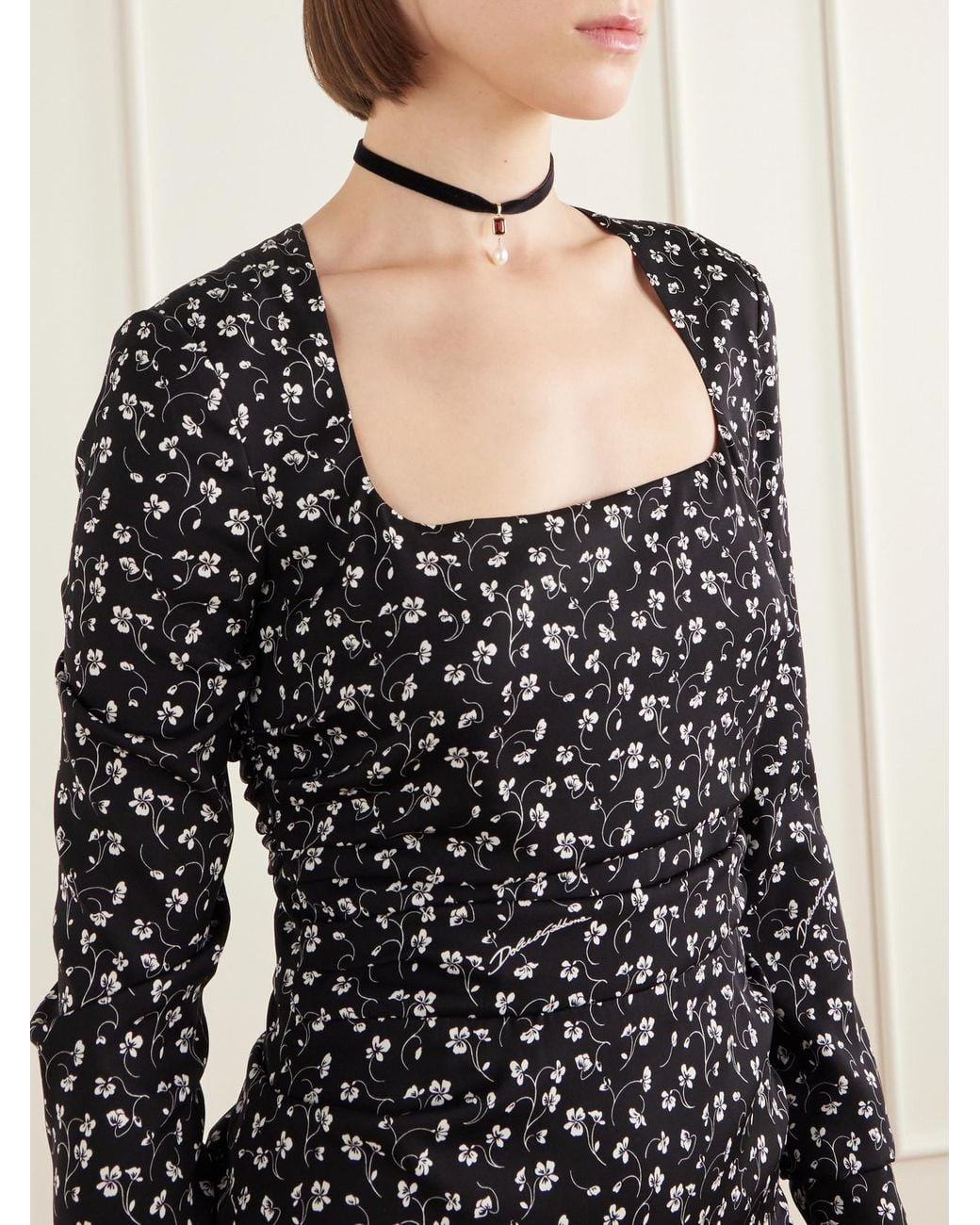 Dolce & Gabbana Black Floral-Print Ruched Silk-Blend Charmeuse Mini Dress