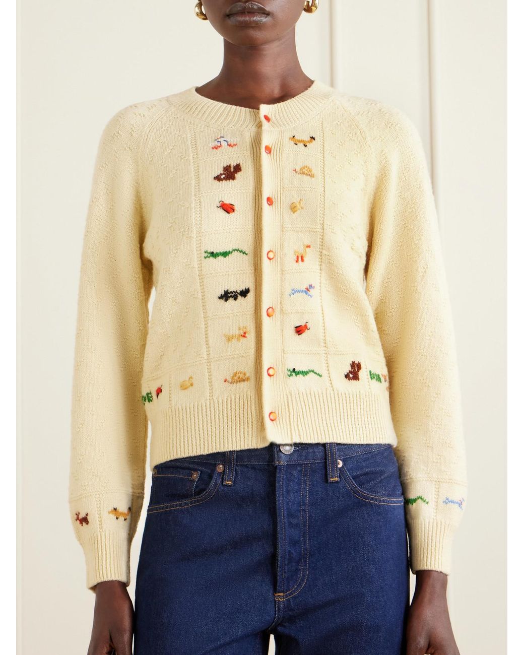 Bode Natural Zoologist Embroidered Merino Wool And Alpaca-Blend Cardigan