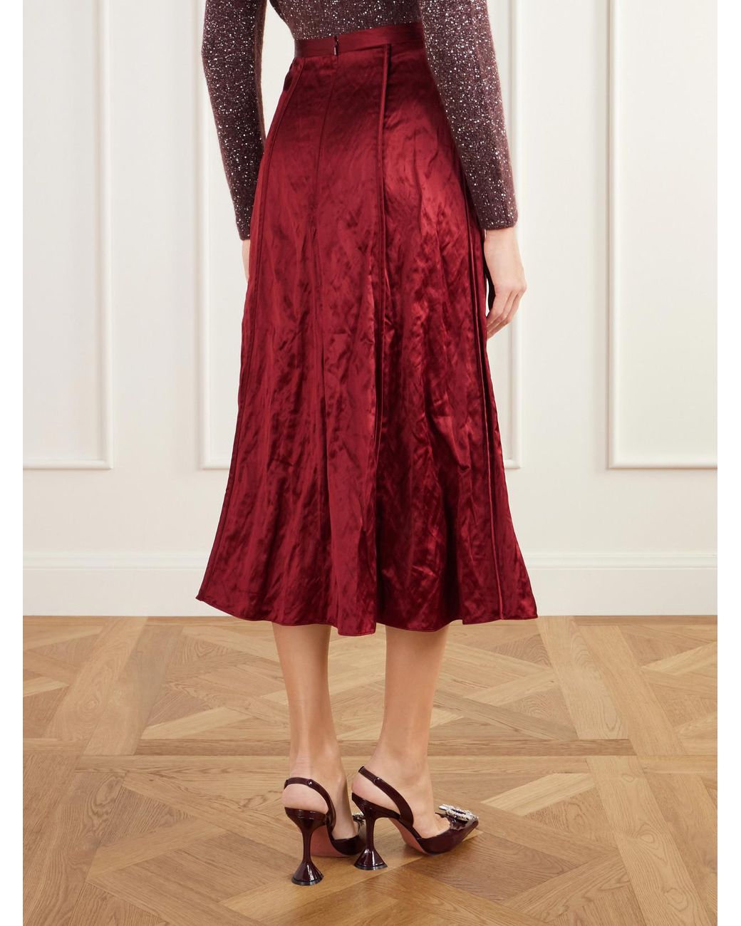 Erdem Red Crystal-Embellished Crinkled-Satin Midi Skirt