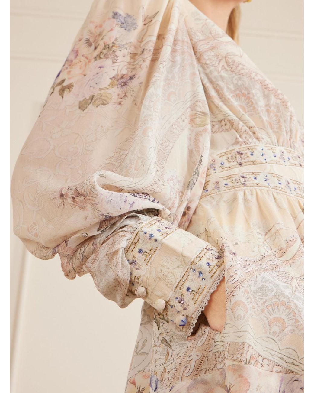 Camilla Natural Printed Embellished Silk-Chiffon Midi Dress