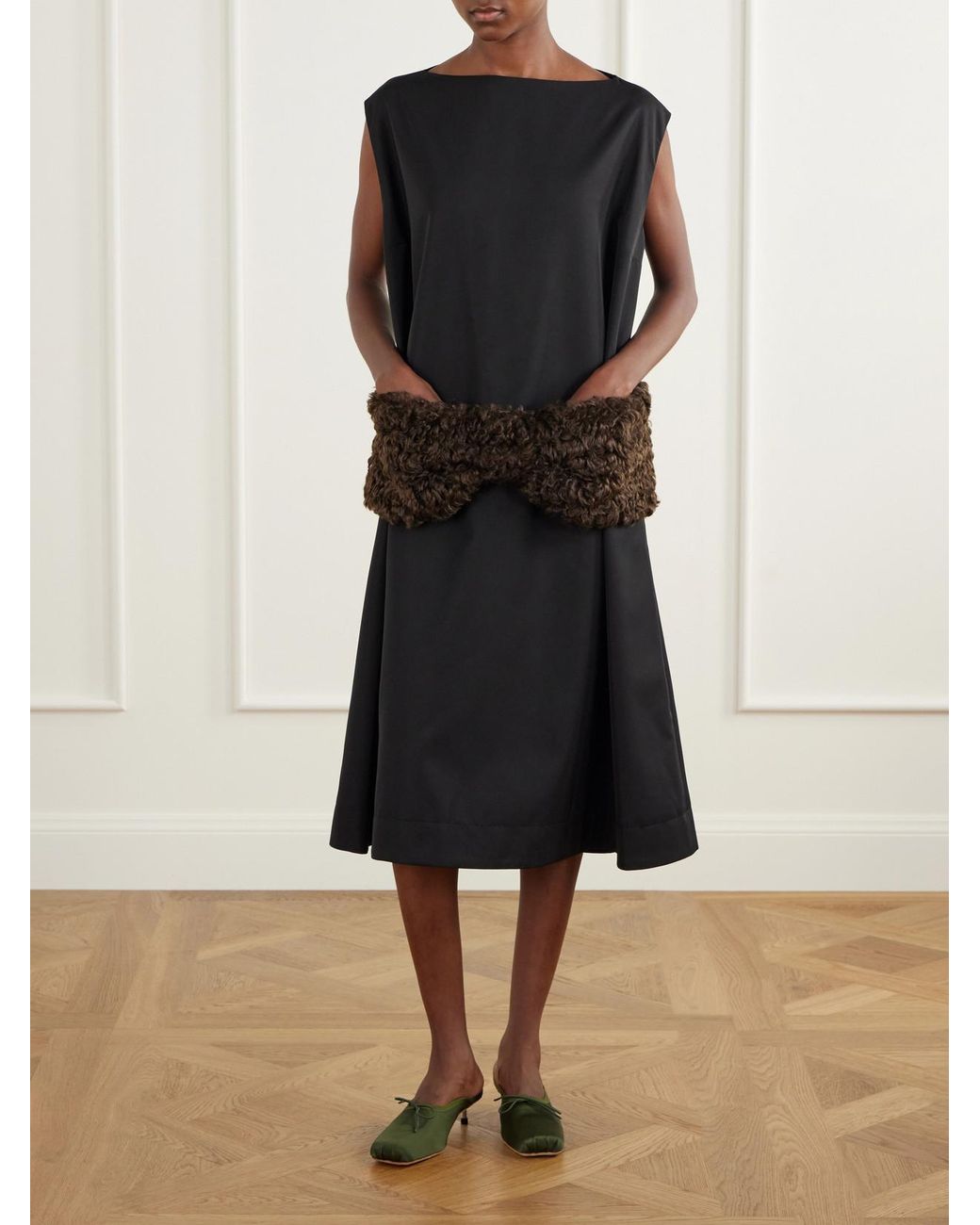 Simone Rocha Black Plush-Trimmed Twill Midi Dress
