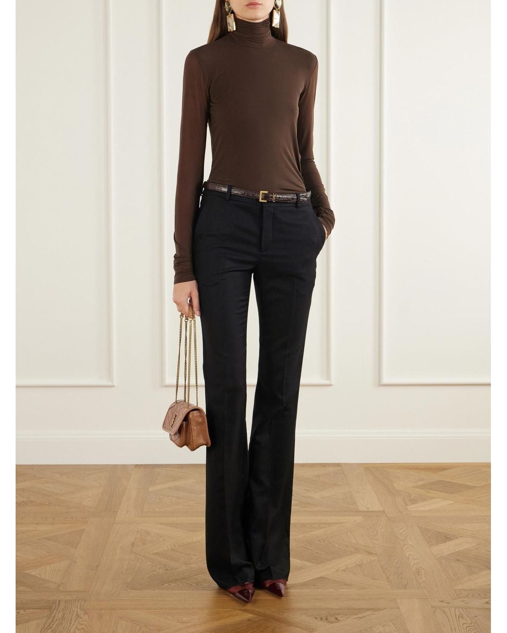 Saint Laurent Brown Niki Mini Cassandre-Embellished Crinkled-Leather Shoulder Bag