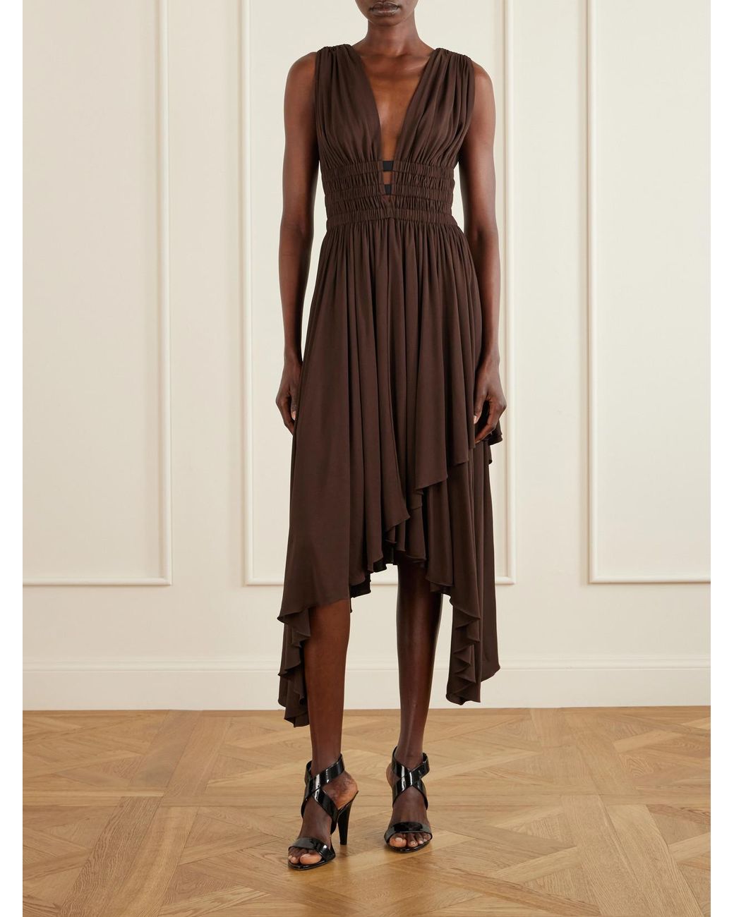Alaïa Brown Draped Jersey Midi Dress