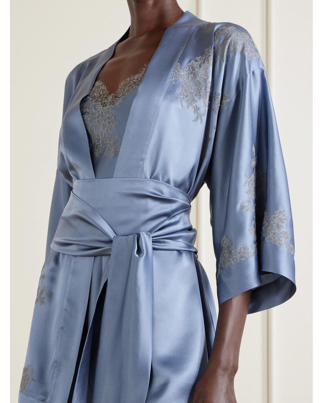 Carine Gilson Blue Lace-Embroidered Silk-Satin Robe