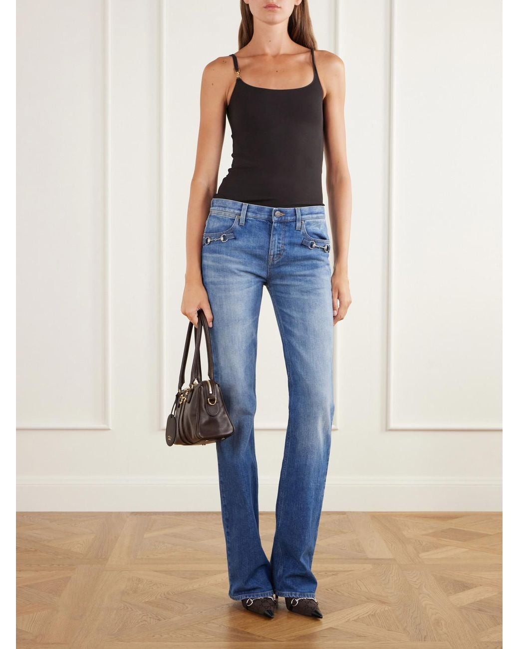 Gucci White Borsetto Suede-Trimmed Leather Shoulder Bag