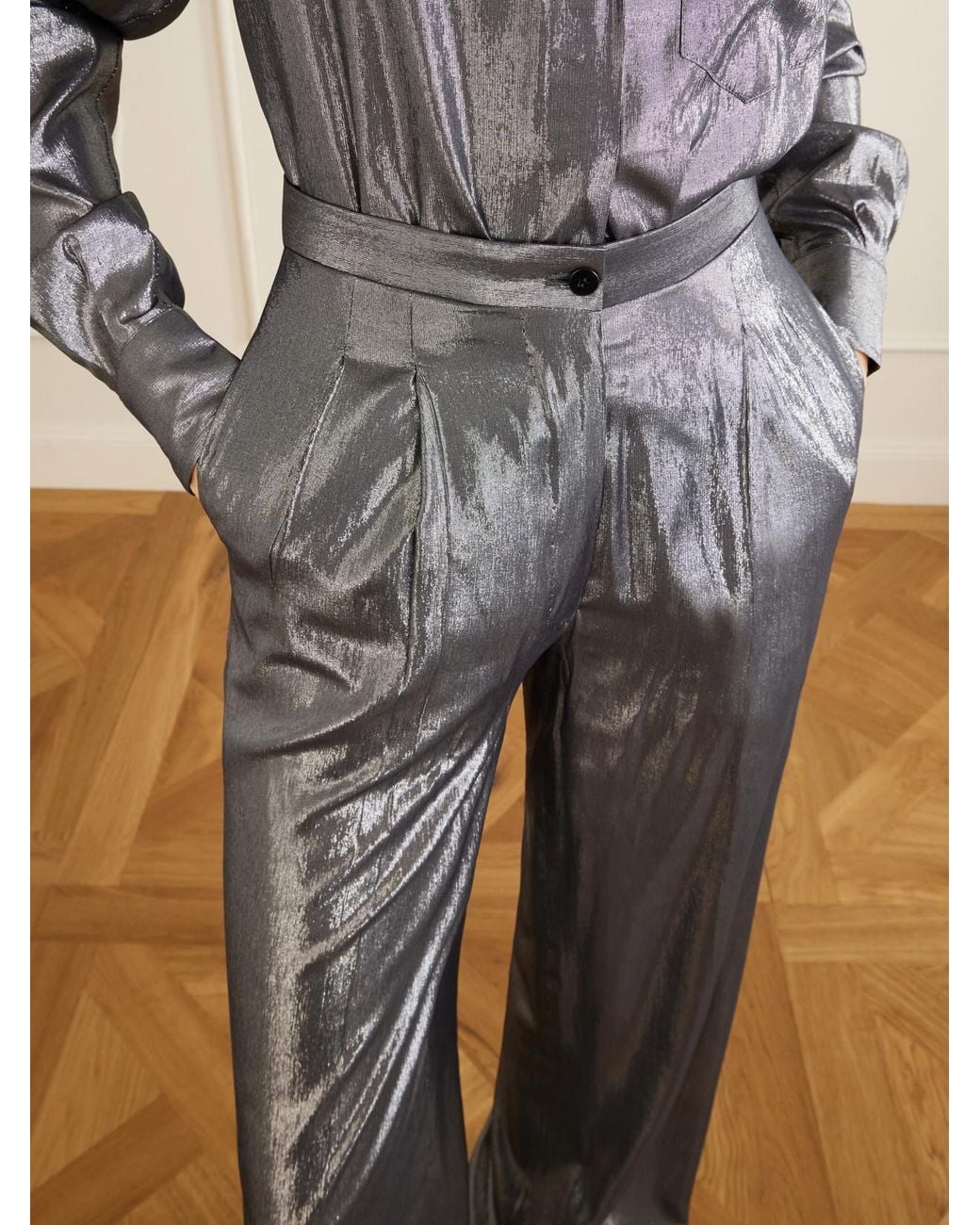 Giuliva Heritage White The Elsa Pleated Lamé Wide-Leg Pants