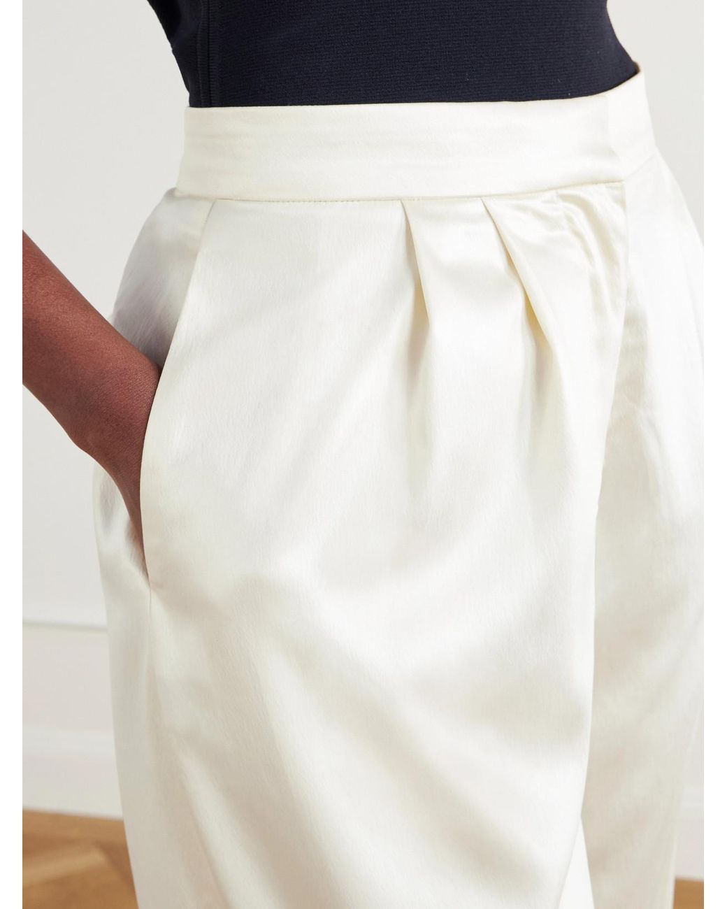 Abadia White Pleated Satin High-Waist Barrel-Leg Pants