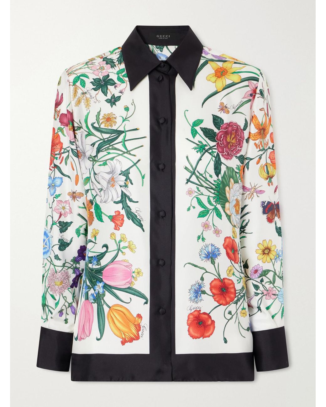 Gucci White Floral Place Printed Silk-Twill Blouse