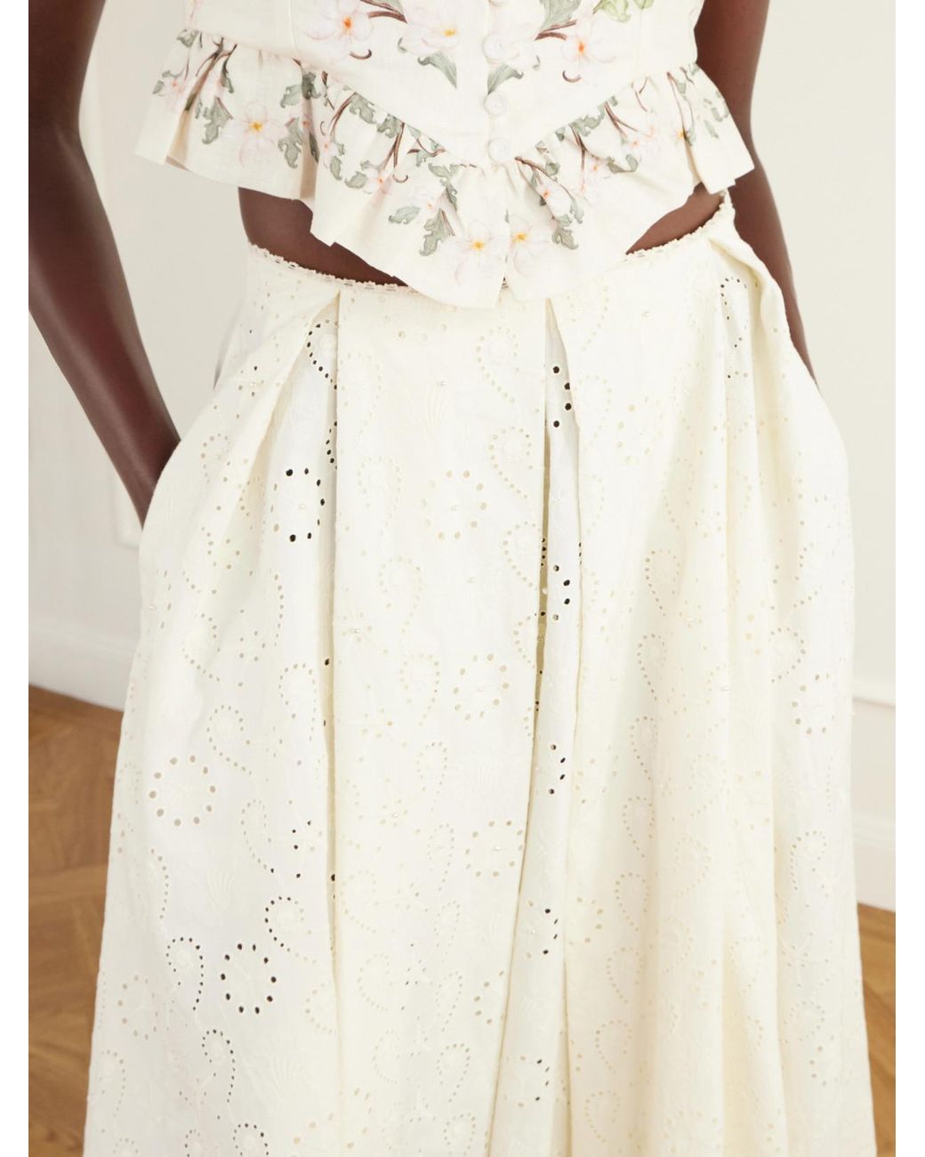 Agua Bendita White Delta Playa Broderie Anglaise Cotton Midi Skirt