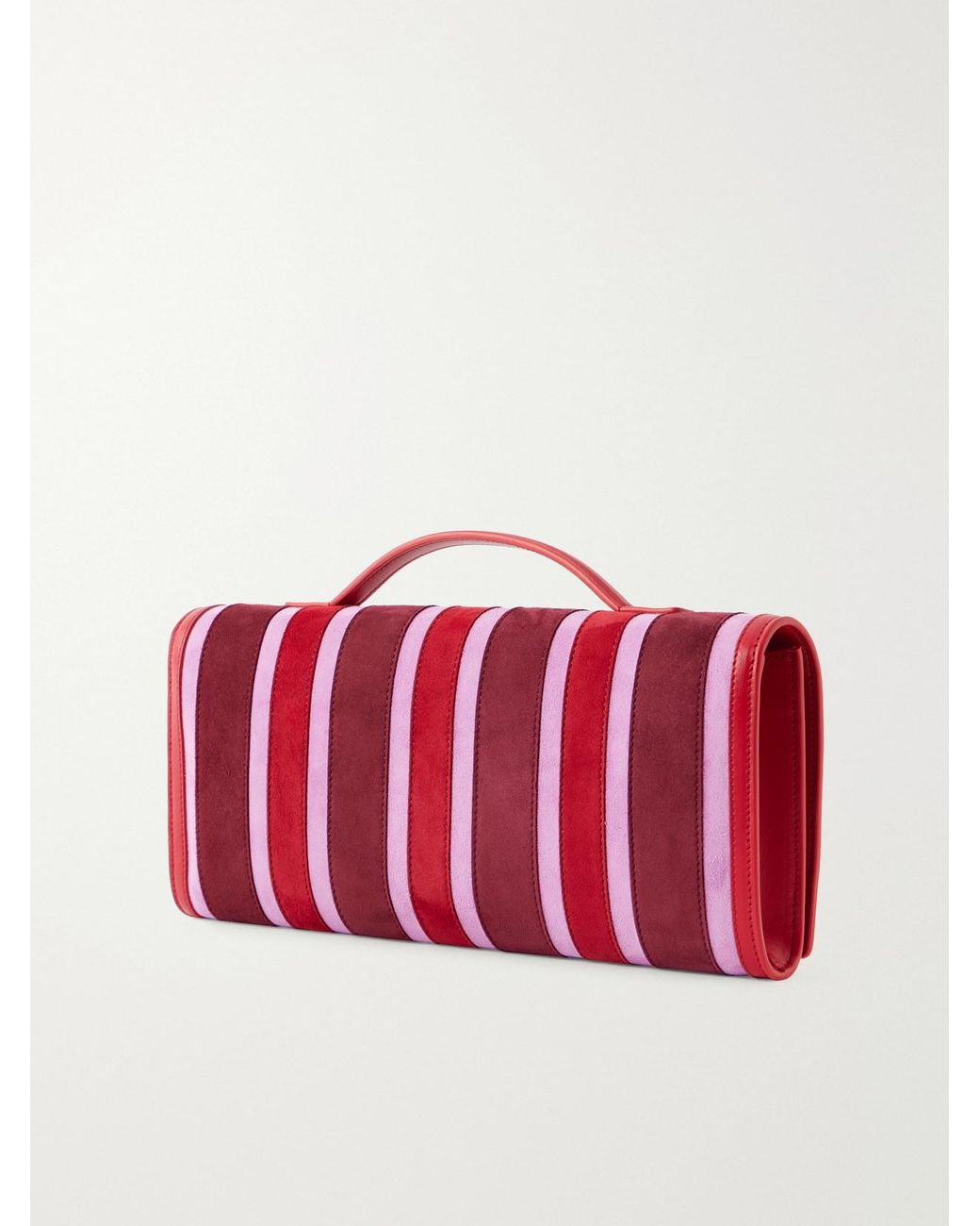 Roger Vivier Red Belle Vivier Buckled Leather-Trimmed Striped Suede Clutch