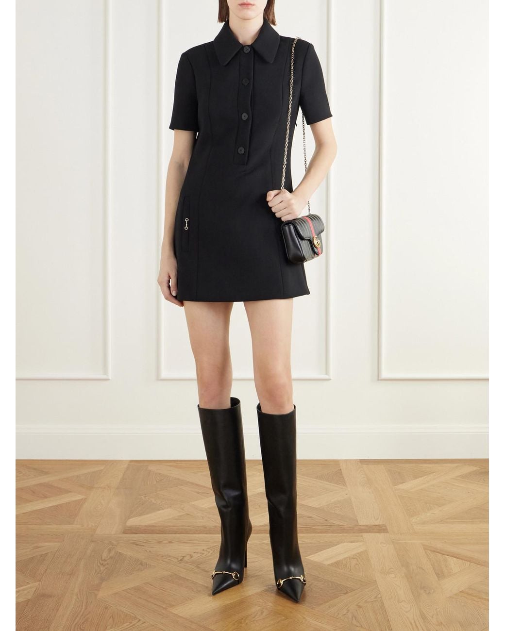 Gucci Black Horsebit-Embellished Wool-Crepe Mini Dress