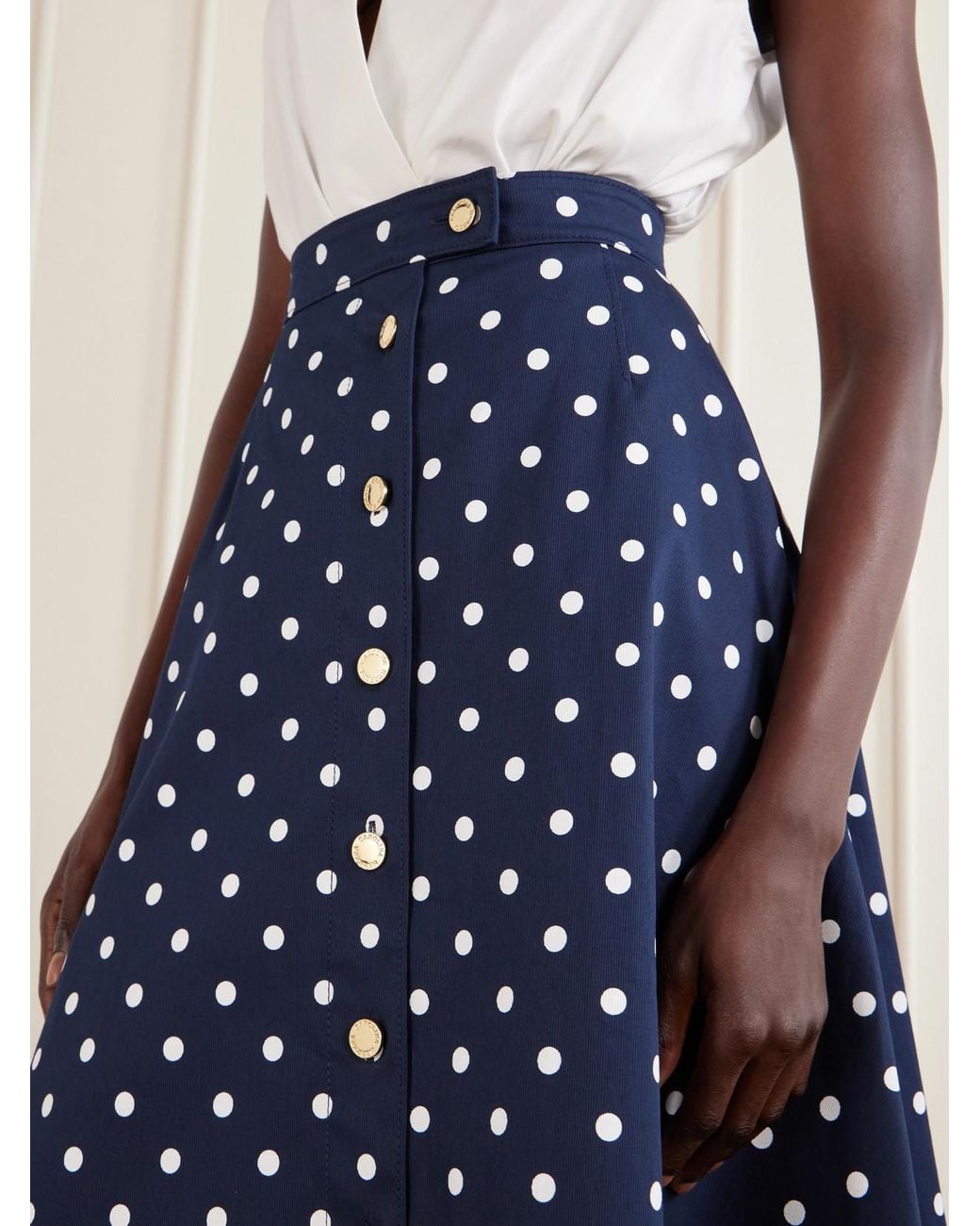 Carolina Herrera Blue Polka-Dot Cotton-Blend Twill Midi Skirt