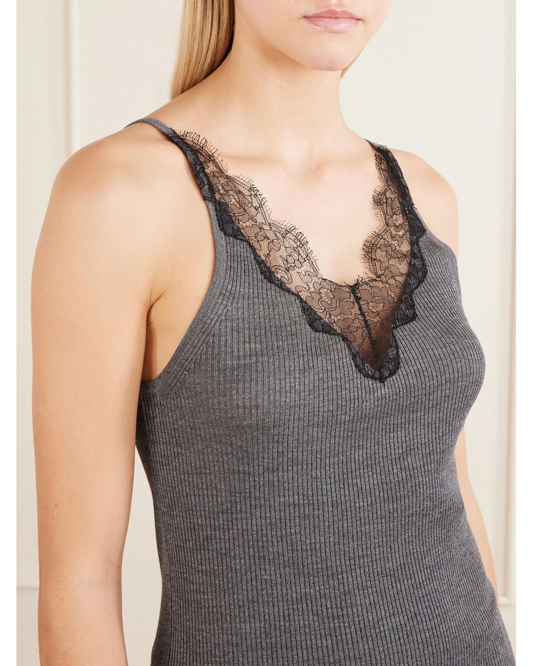 Nili Lotan Gray Aronia Lace-Trimmed Ribbed Silk-Jersey Tank