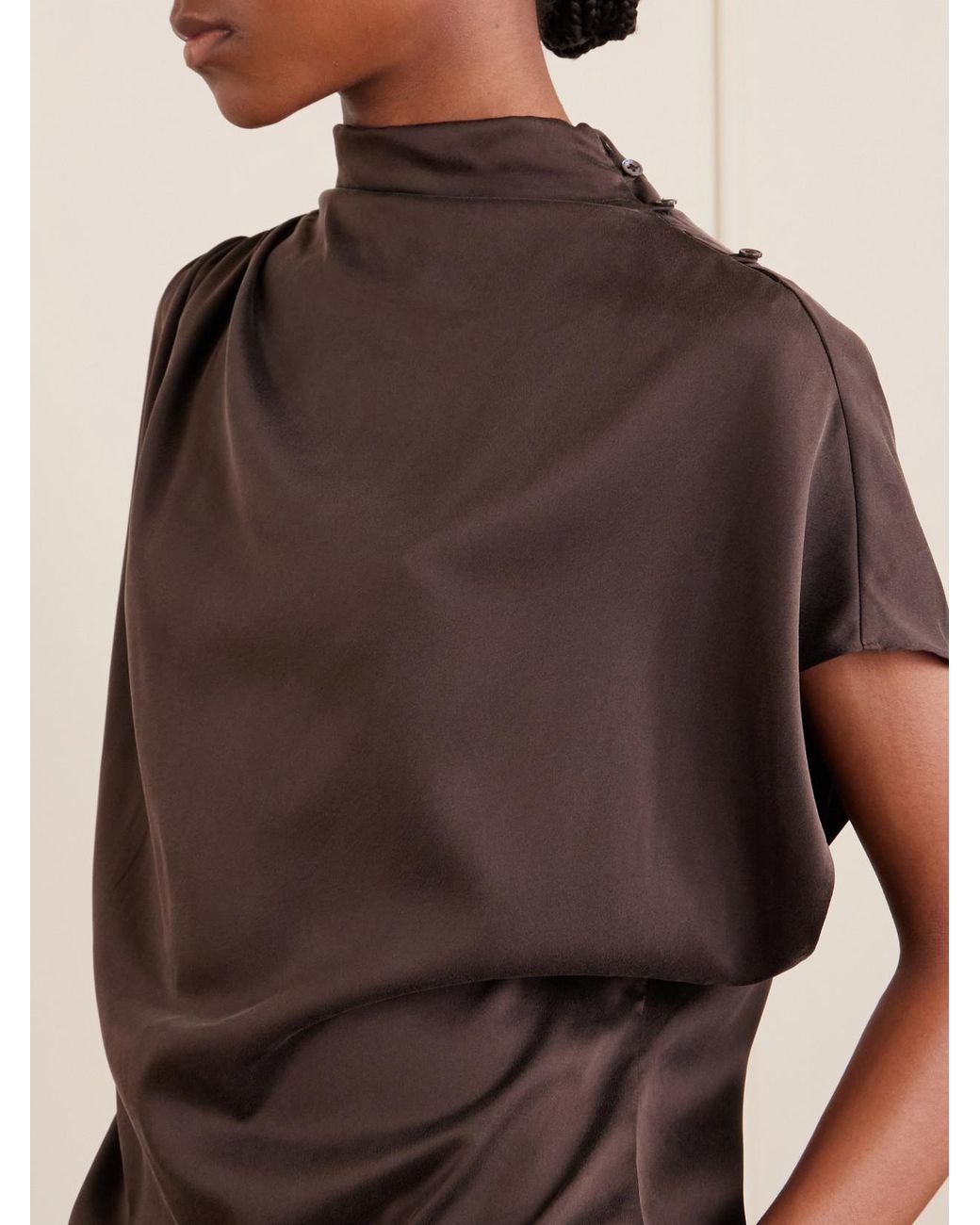 Twp Brown Wish You Would Draped Silk-Blend Charmeuse Blouse