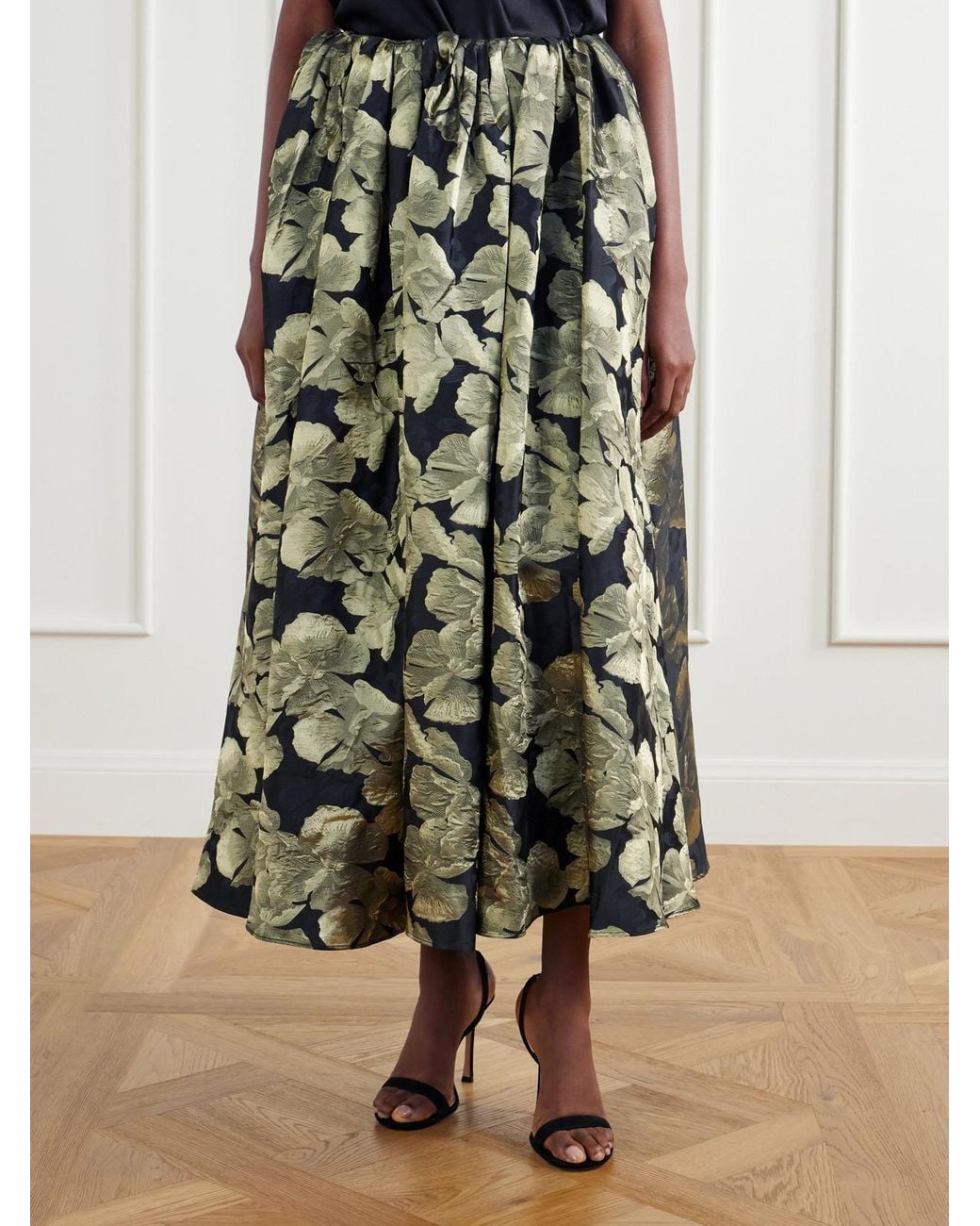 Abadia Green Elodie Gathered Floral-Brocade Maxi Skirt