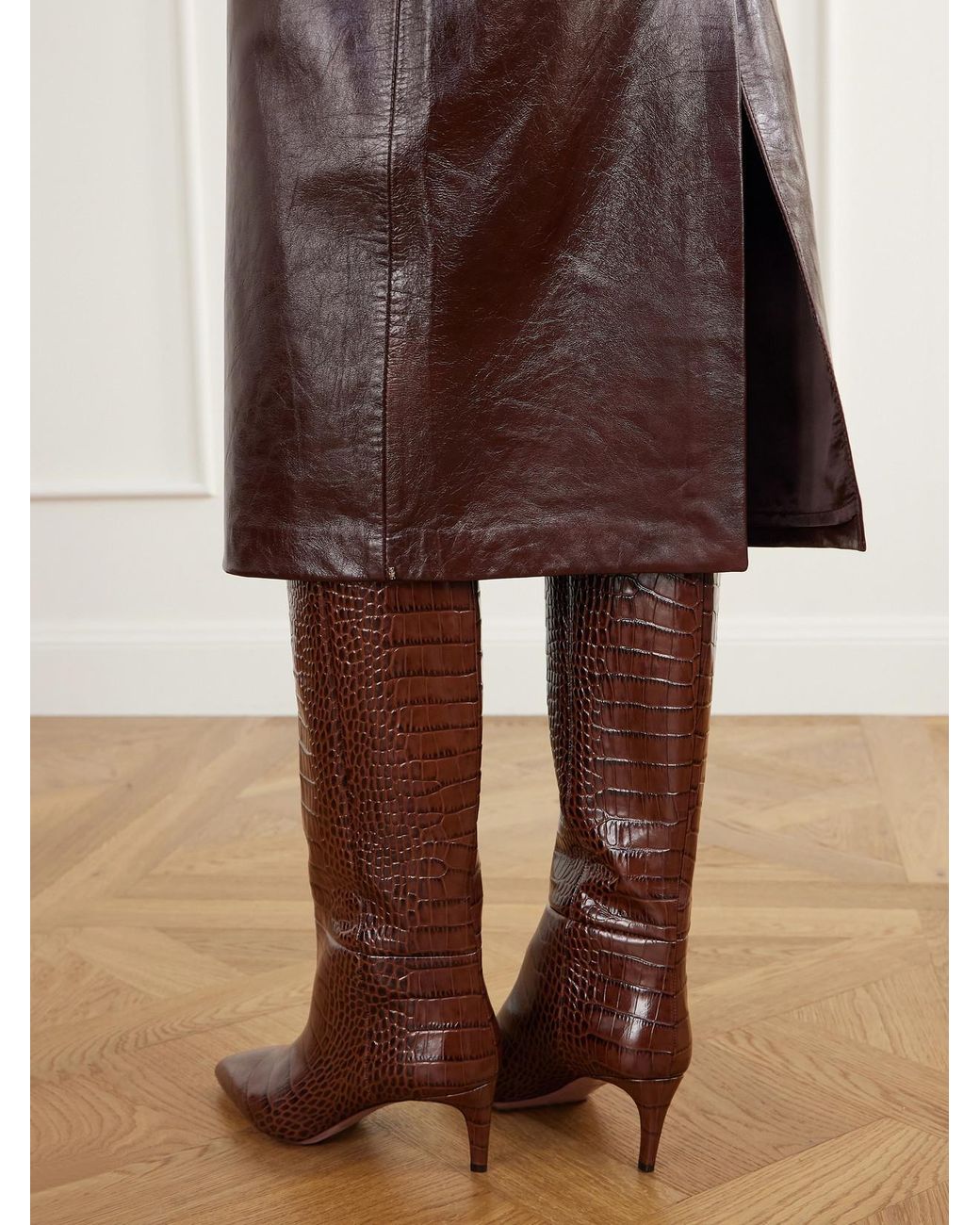 Sportmax Brown Lappole Paneled Glossed-Leather Midi Skirt
