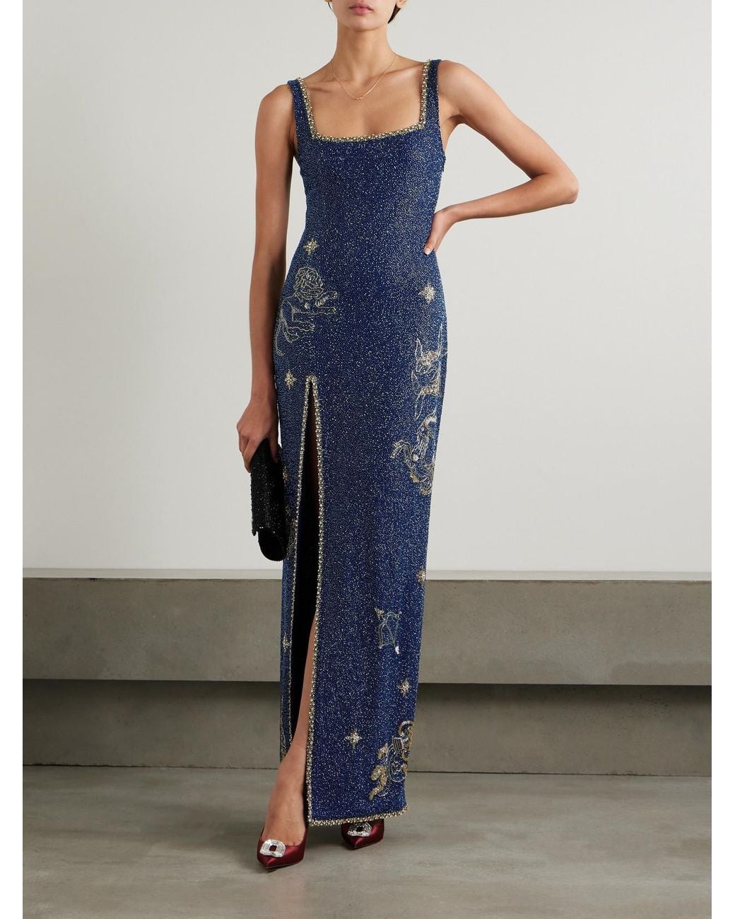 Clio Peppiatt Zodiac Embellished Beaded Stretch-Crepe Gown in Blue