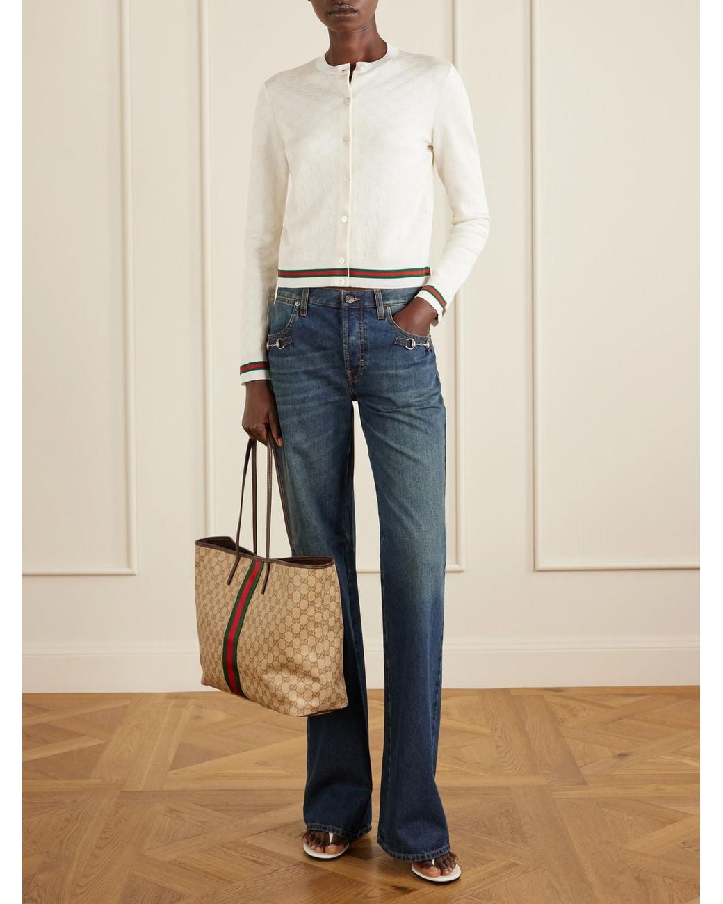 Gucci Natural Tribeca Leather-Trimmed Coated Canvas-Jacquard Tote
