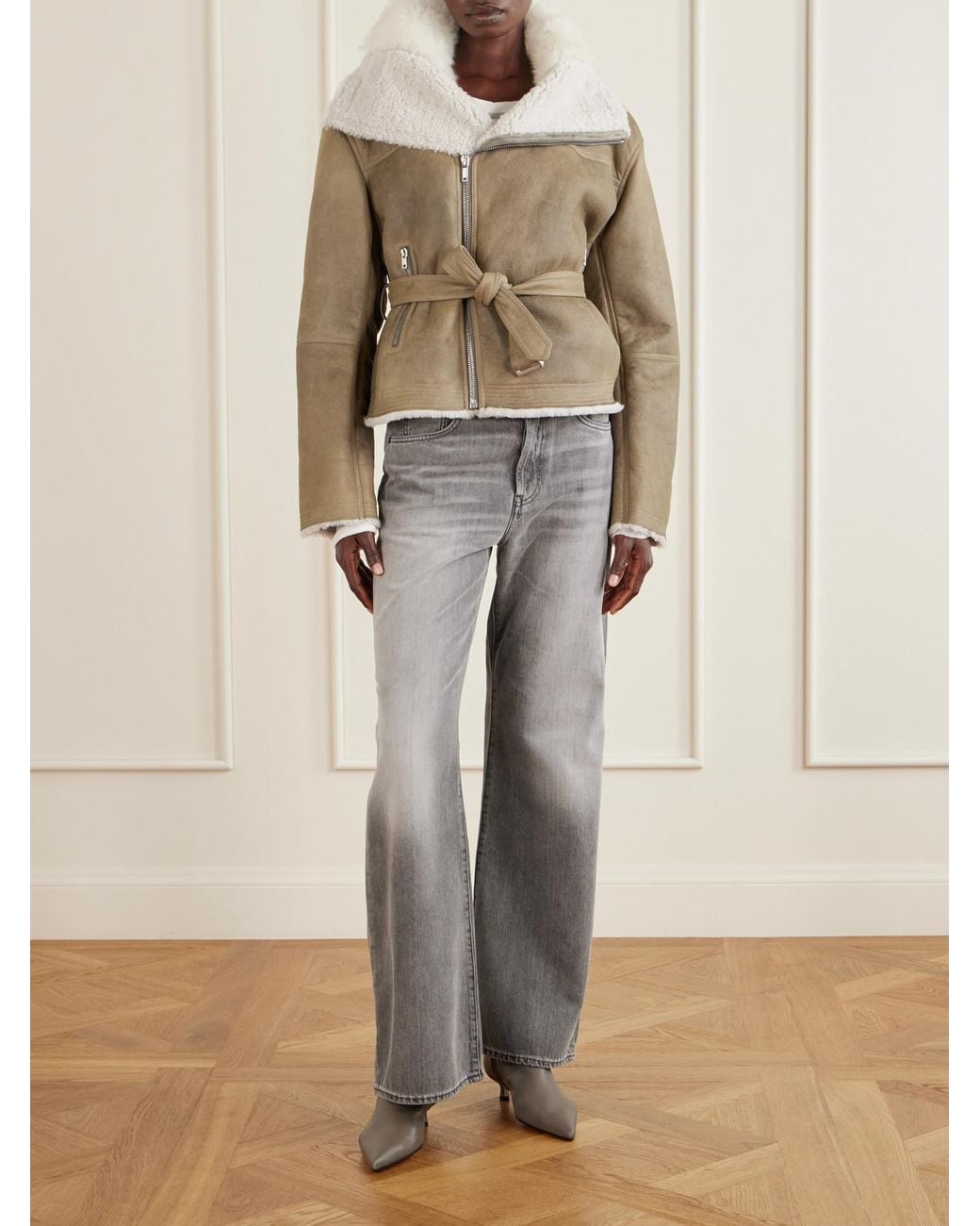 Rick Owens Natural Belted Shearling-Trimmed Suede Jacket