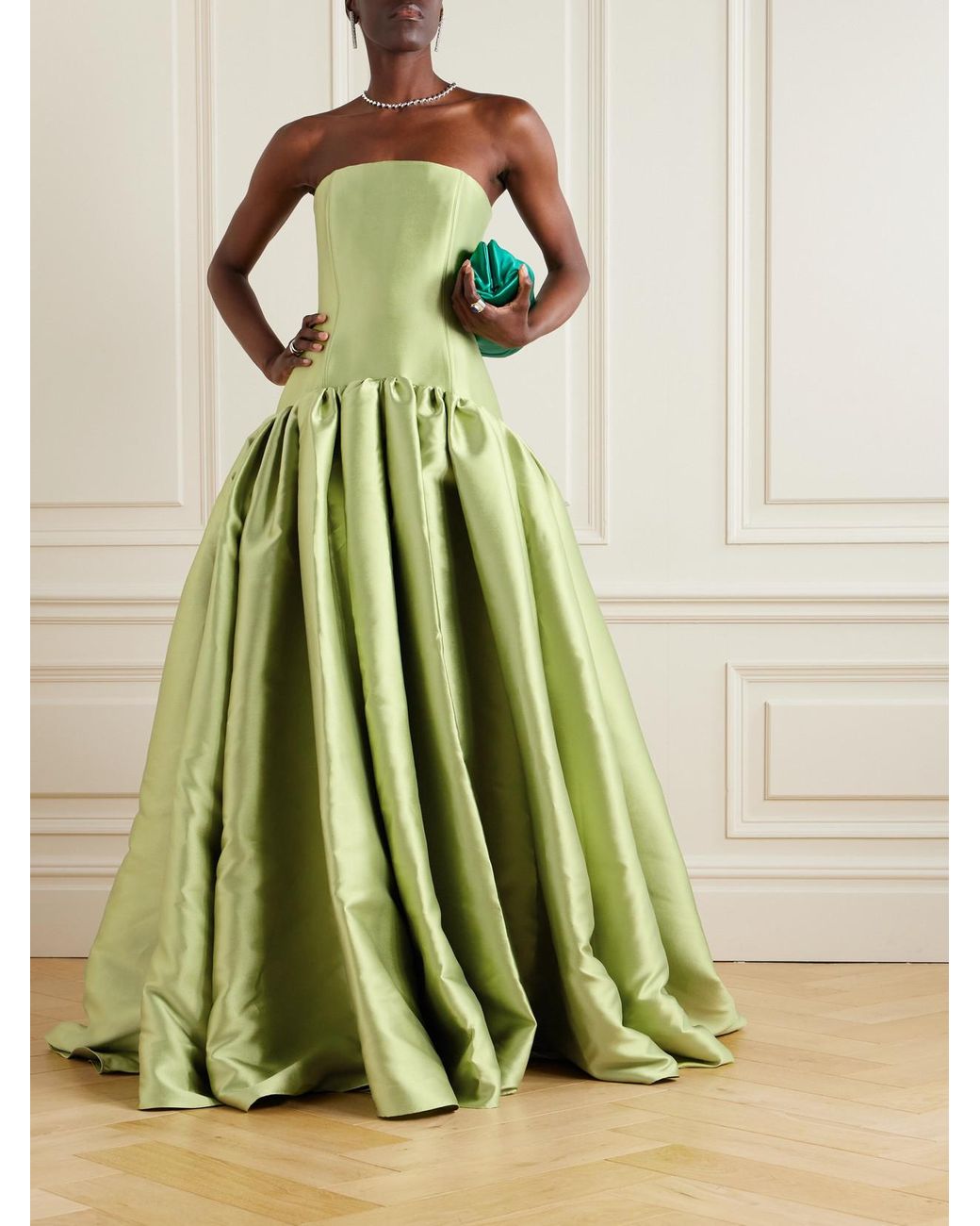 solace green dress London Cassia Strapless Pleated Satin-Twill Gown in Adira
