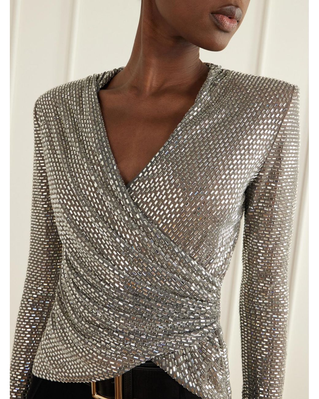 Self-Portrait Gray Crystal-Embellished Gathered Mesh Blouse