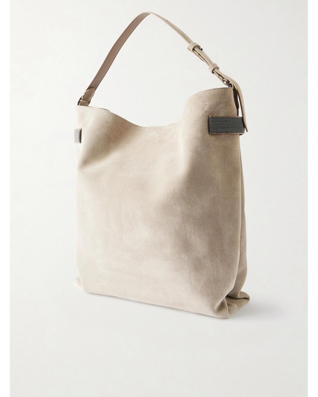 Brunello Cucinelli Natural Bead-Embellished Suede Shoulder Bag
