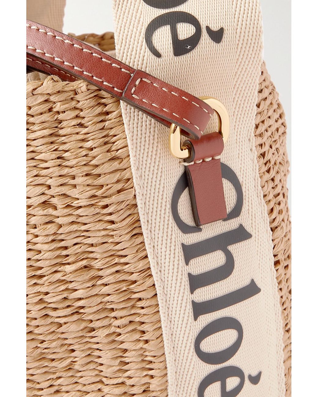 Chloé Woody Small Leather-trimmed Raffia Basket Bag in White