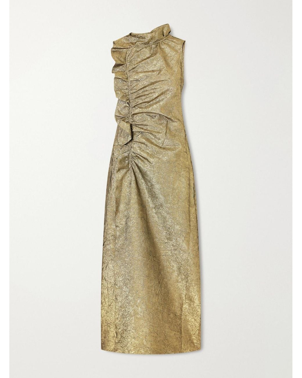Ulla Johnson Natural Demetria Asymmetric Ruffled Metallic Taffeta Midi Dress