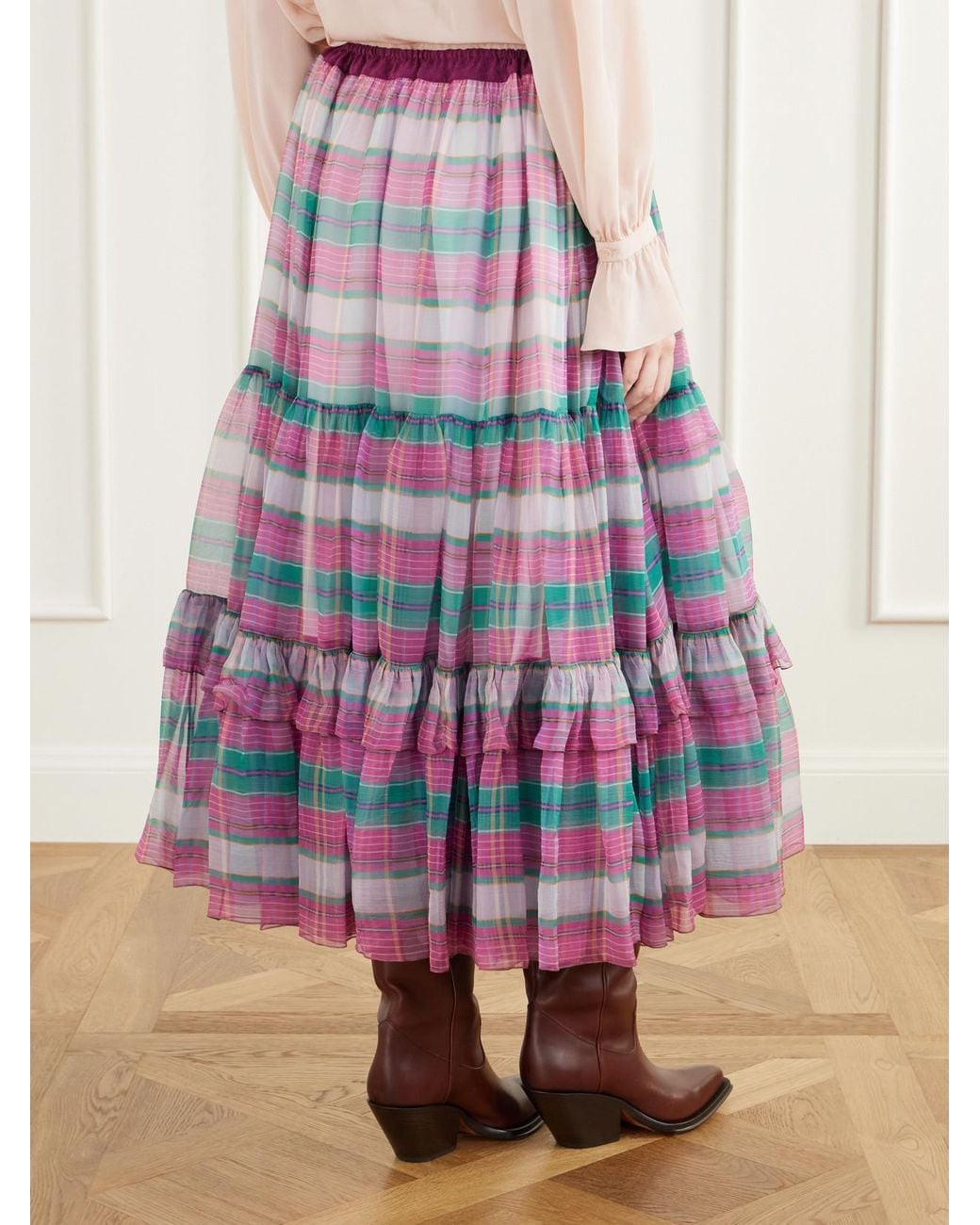 Chloé White Drawstring Ruffled Checked Silk-Mousseline Maxi Skirt