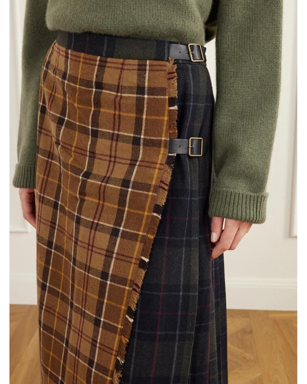 Barbour Brown Hazelwood Two-Tone Pleated Checked Flannel Midi Skirt
