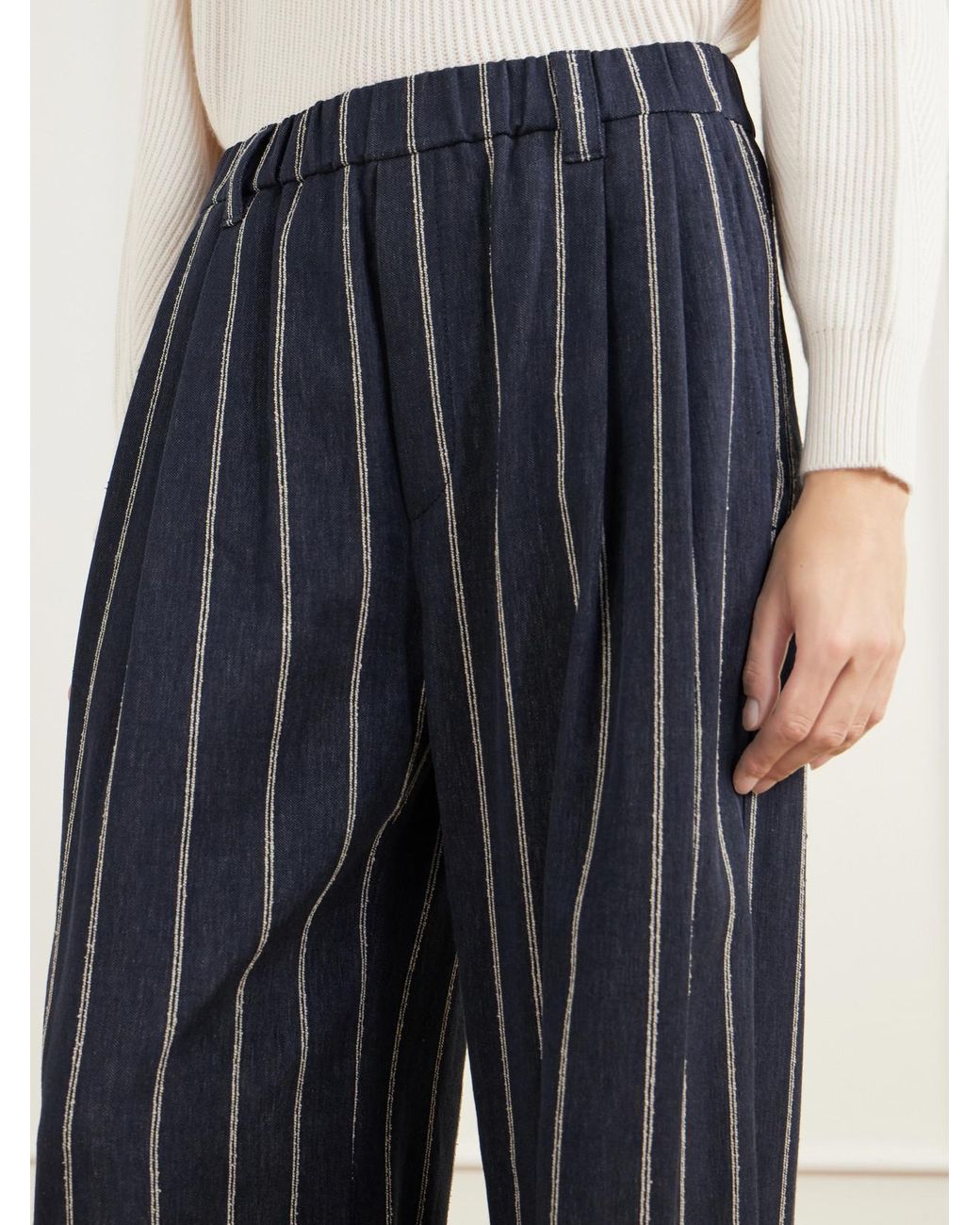 Brunello Cucinelli Blue Pleated Pinstriped Cotton-Blend Twill Wide-Leg Pants