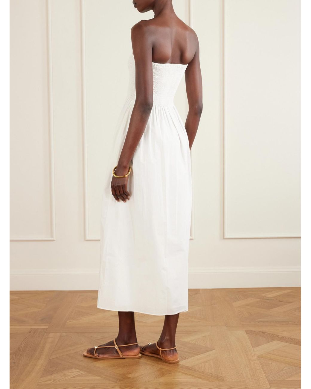 Faithfull The Brand White Jamie Strapless Shirred Cotton-Poplin Midi Dress