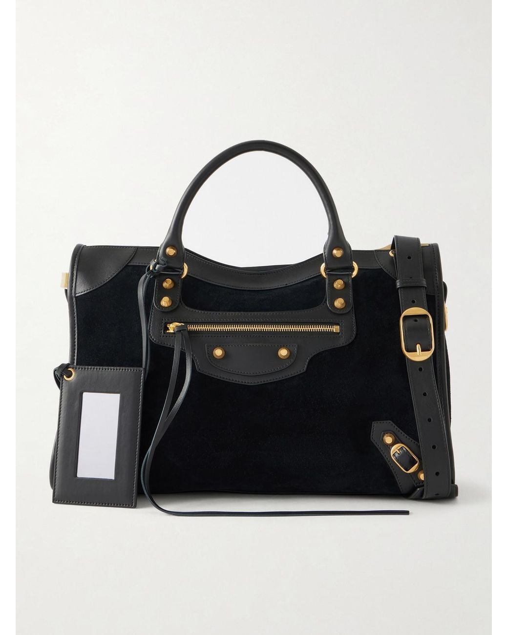 Balenciaga Black Le City Studded Leather-Trimmed Suede Shoulder Bag