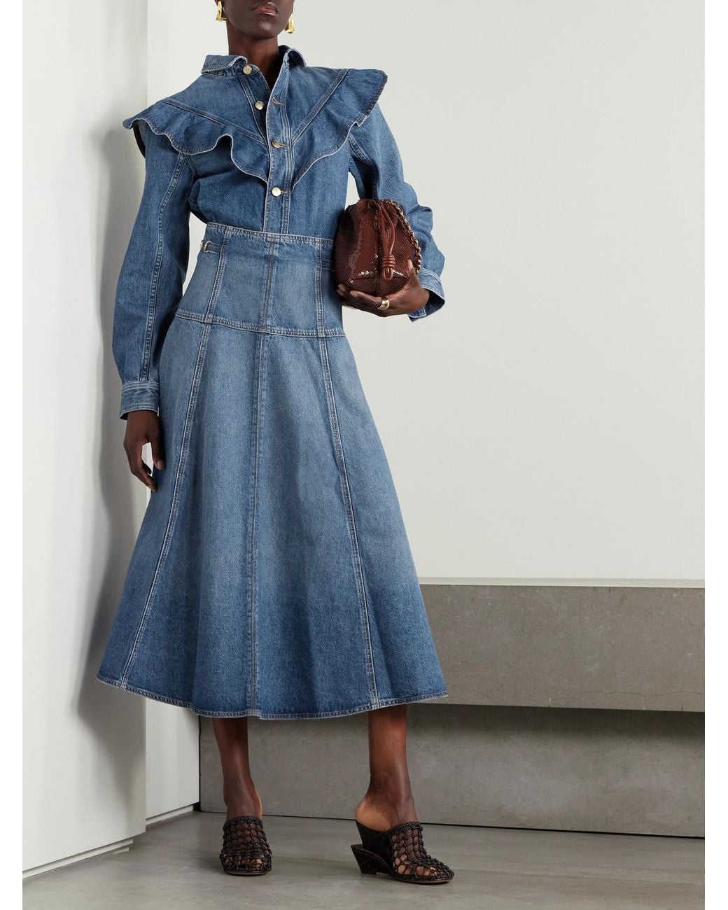 Ulla Johnson Blue The Brigette Embellished Paneled Denim Midi Skirt