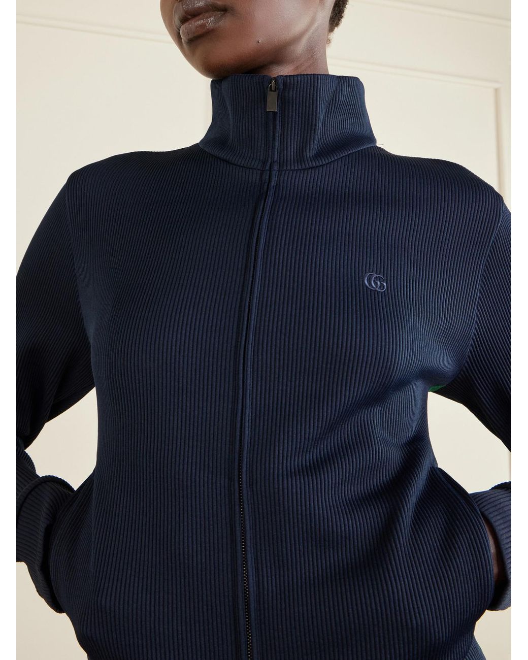 Gucci Blue Webbing-Trimmed Ribbed Zip-Up Jacket