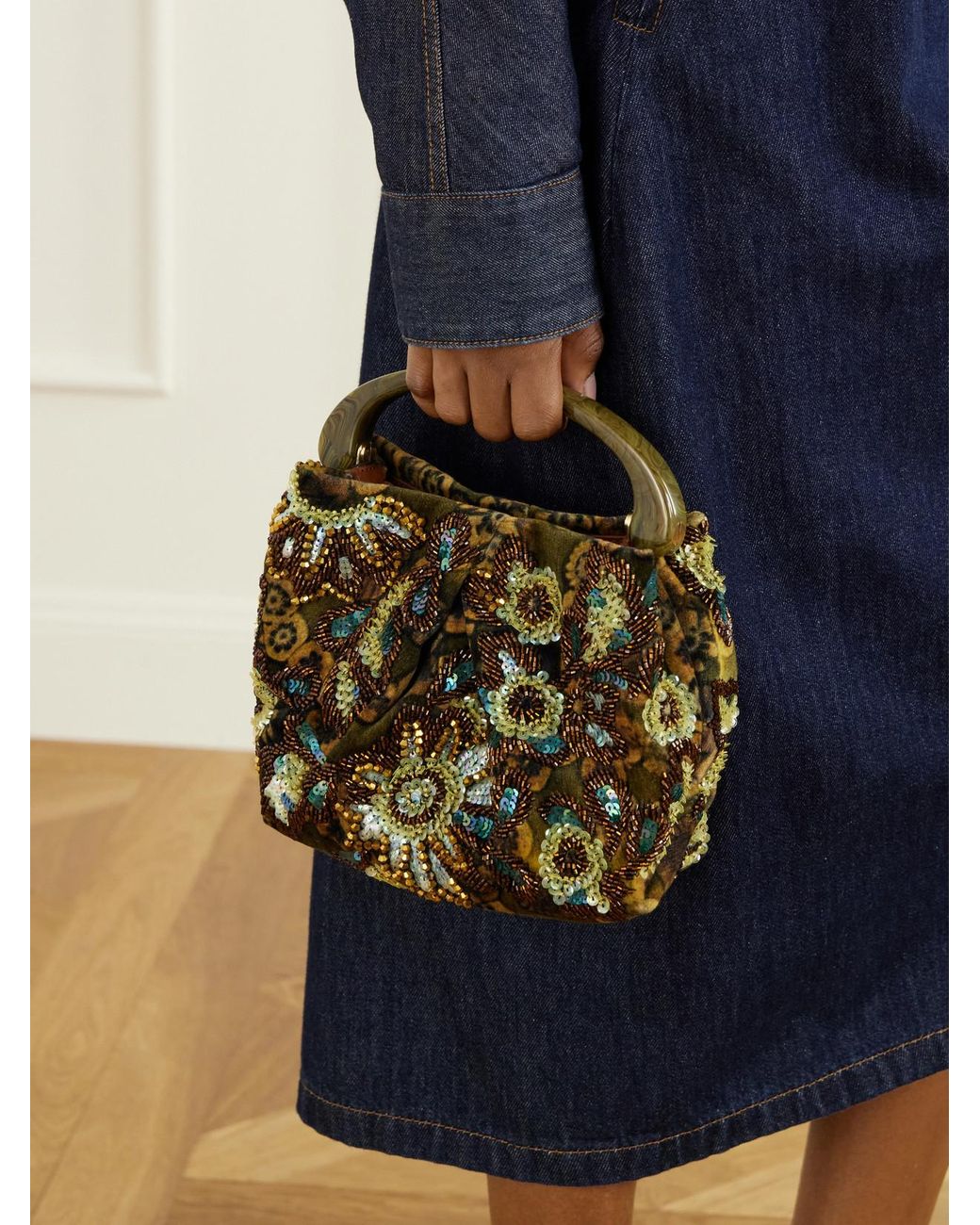 Dries Van Noten Green Bead-Embellished Printed Leather-Trimmed Velvet Shoulder Bag