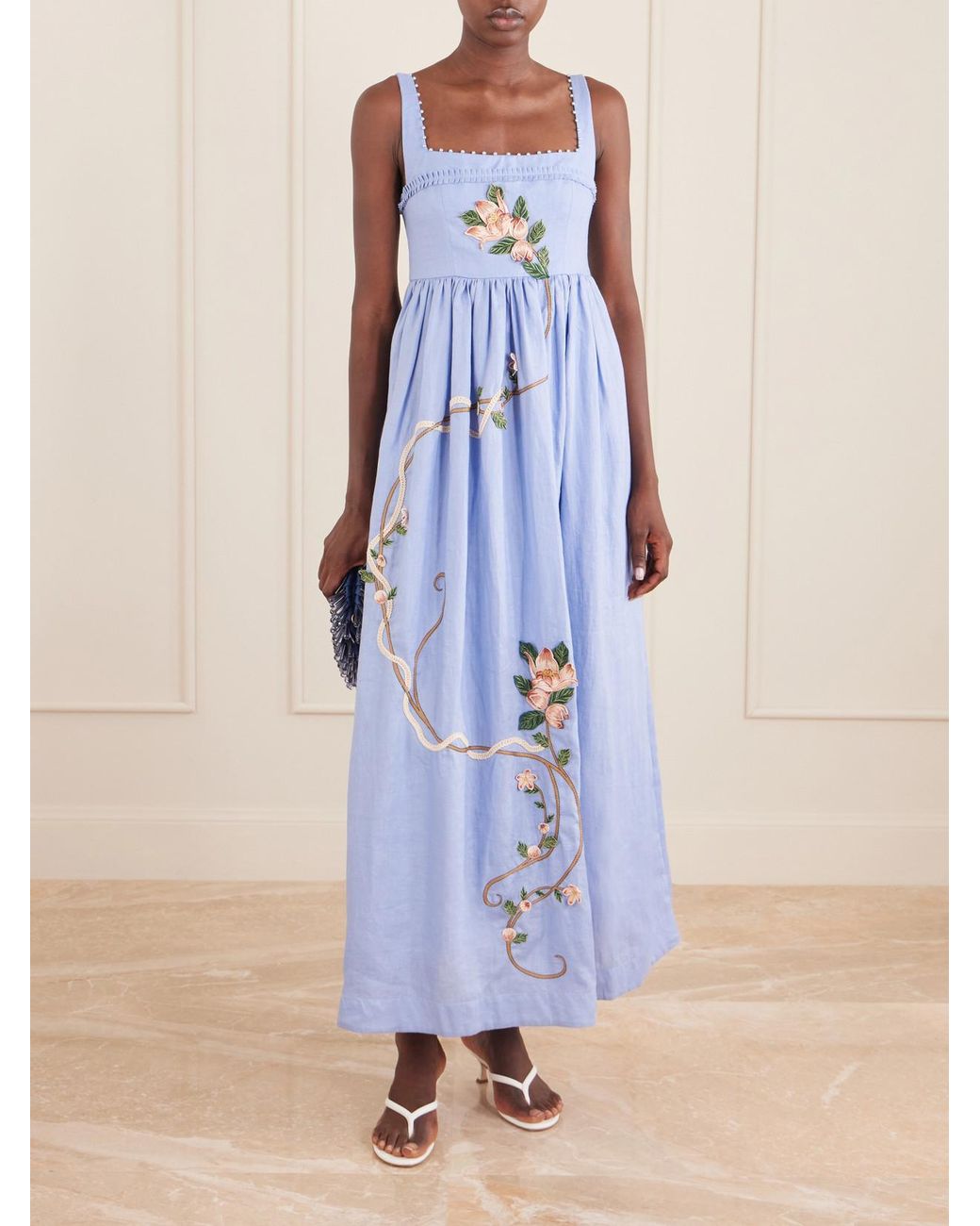 Agua Bendita Blue Barbara Navegante Embellished Appliquéd Linen Maxi Dress