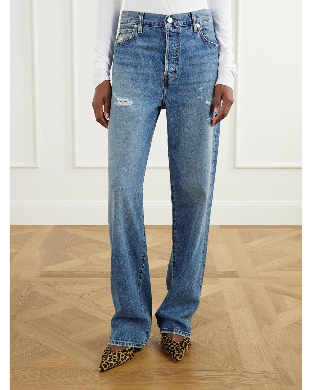 ÉTERNE Blue Saint Boyfriend Distressed Mid-Rise Straight-Leg Jeans